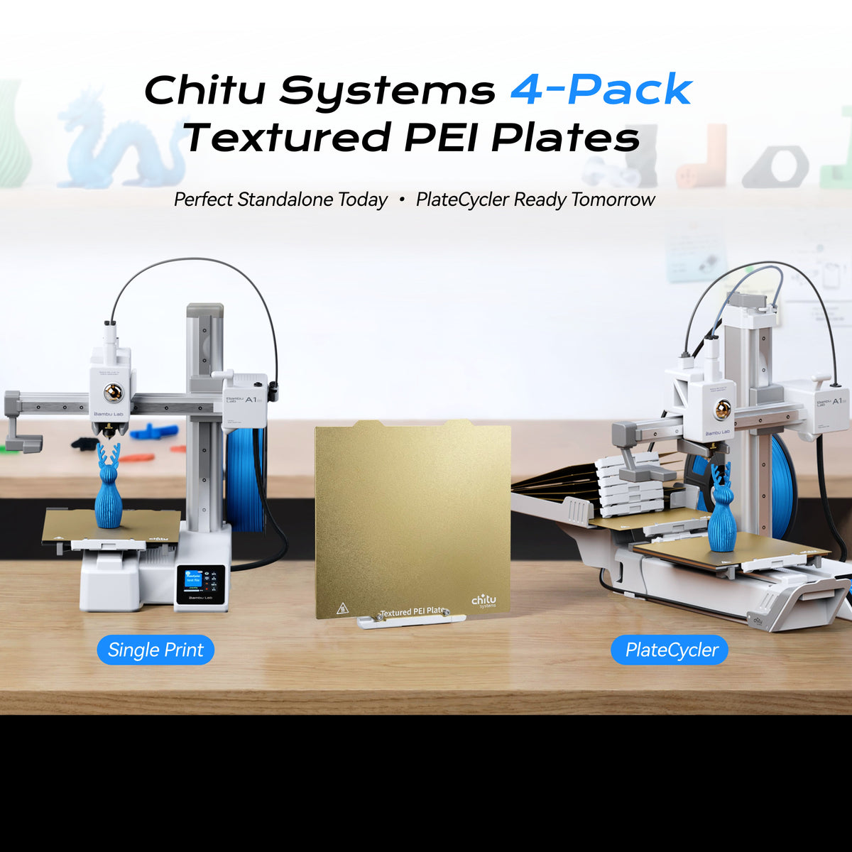 4-Pack Textured PEI Build Plates with Grip Hook for Bambu Lab A1 / A1 Mini