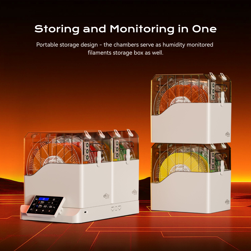 Chitu Systems FilaPartner E1 removable drying chambers used as humidity-monitored filament storage boxes