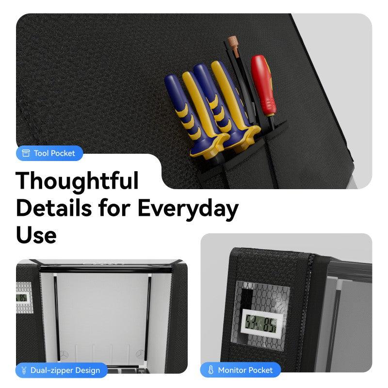 Snapmaker U1 top cover with tool pocket, thermo-hygrometer pocket, and dual-zipper opening