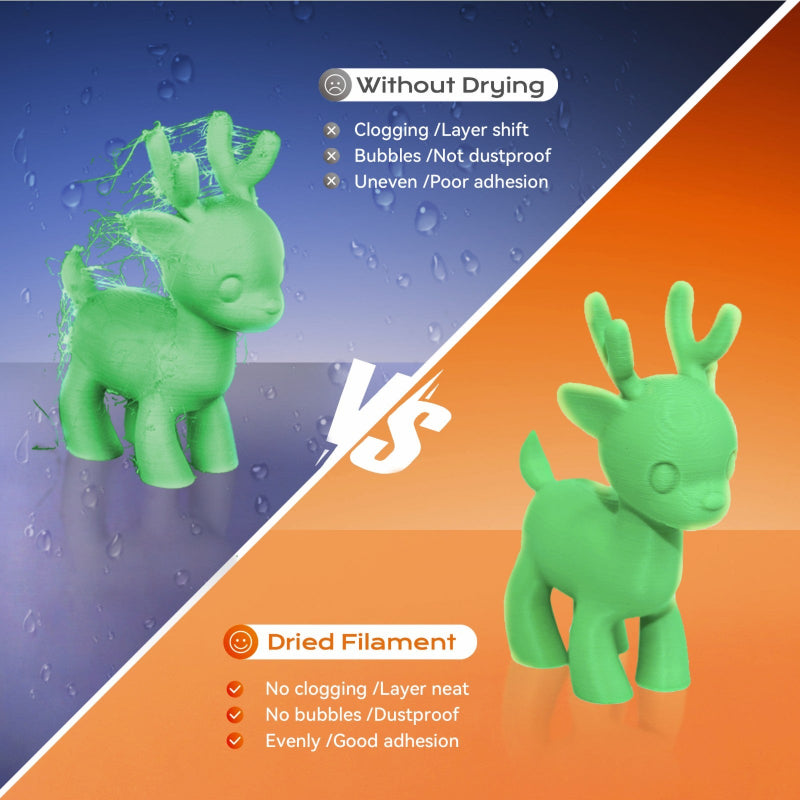 3D print quality comparison showing stringing with wet filament and cleaner results with dried filament